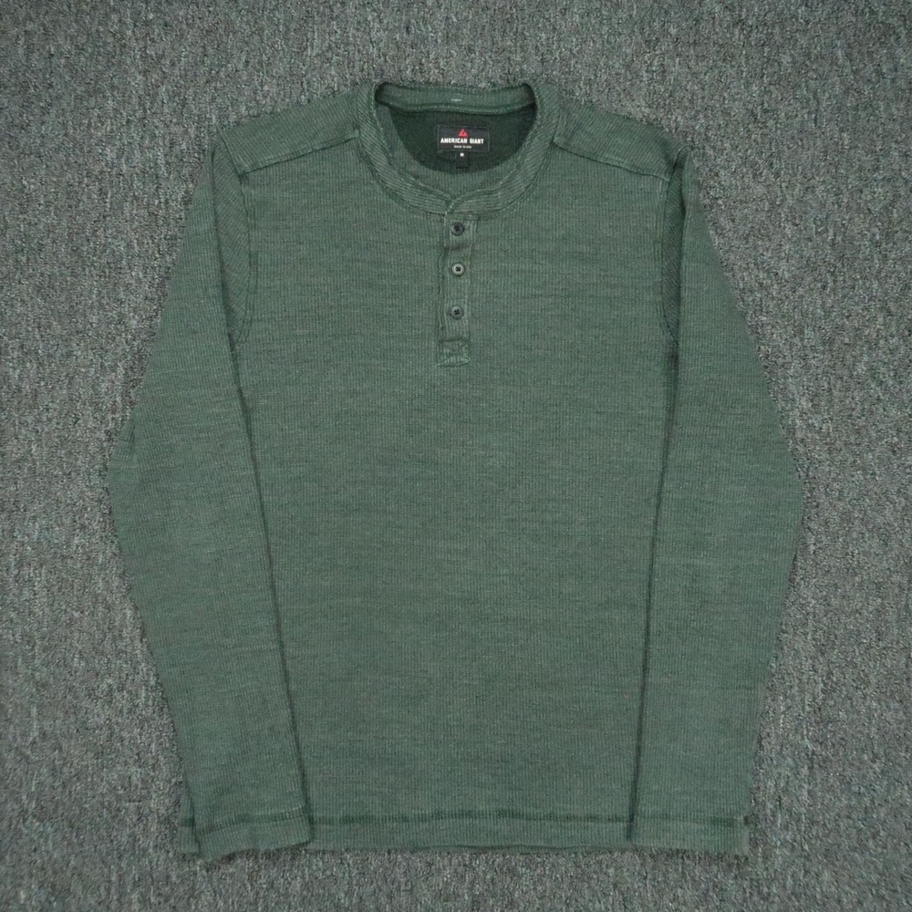 American Giant‎ Shirt Mens Medium Green Long Sleeve Tee Henley Waffle Knit